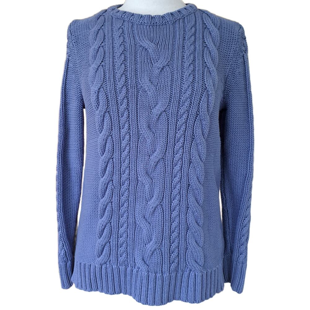 L.L. BEAN Double L Cable Knit Sweater Crewneck Large Periwinkle Blue Chunky